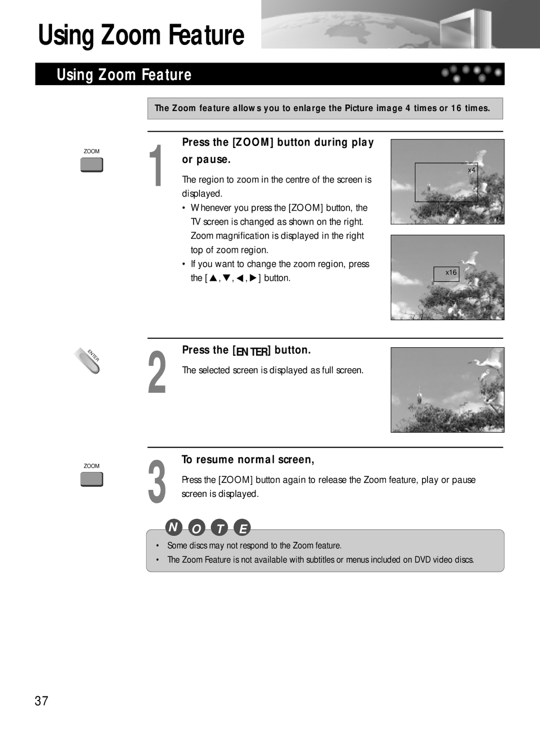 Daewoo DDQ-20L6SC owner manual Using Zoom Feature, Press the Zoom button during play Or pause, Press the Enter button 