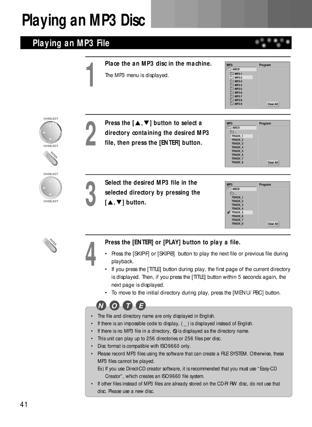 Daewoo DDQ-20L6SC Playing an MP3 File, Press the Enter or Play button to play a file, Playback, Next page is displayed 