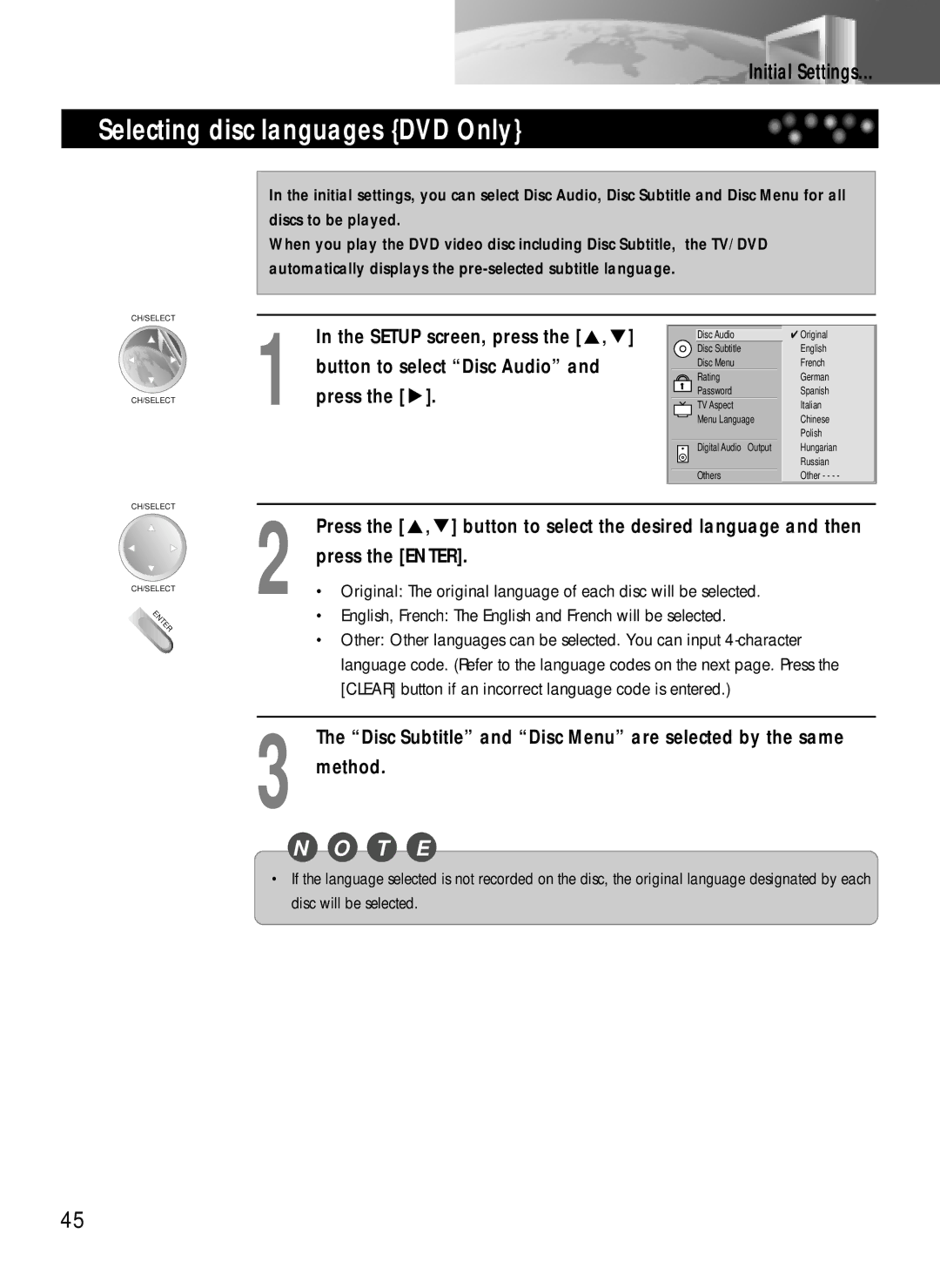 Daewoo DDQ-20L6SC owner manual Selecting disc languages DVD Only, Initial Settings, Button to select Disc Audio and press 