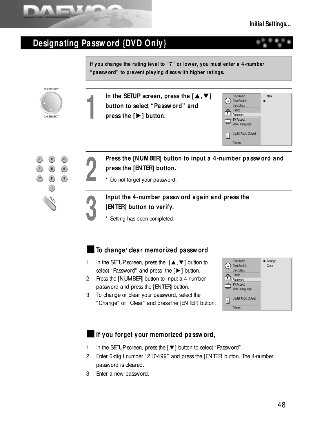 Daewoo DDQ-20L6SC Designating Password DVD Only, To change/clear memorized password, If you forget your memorized password 