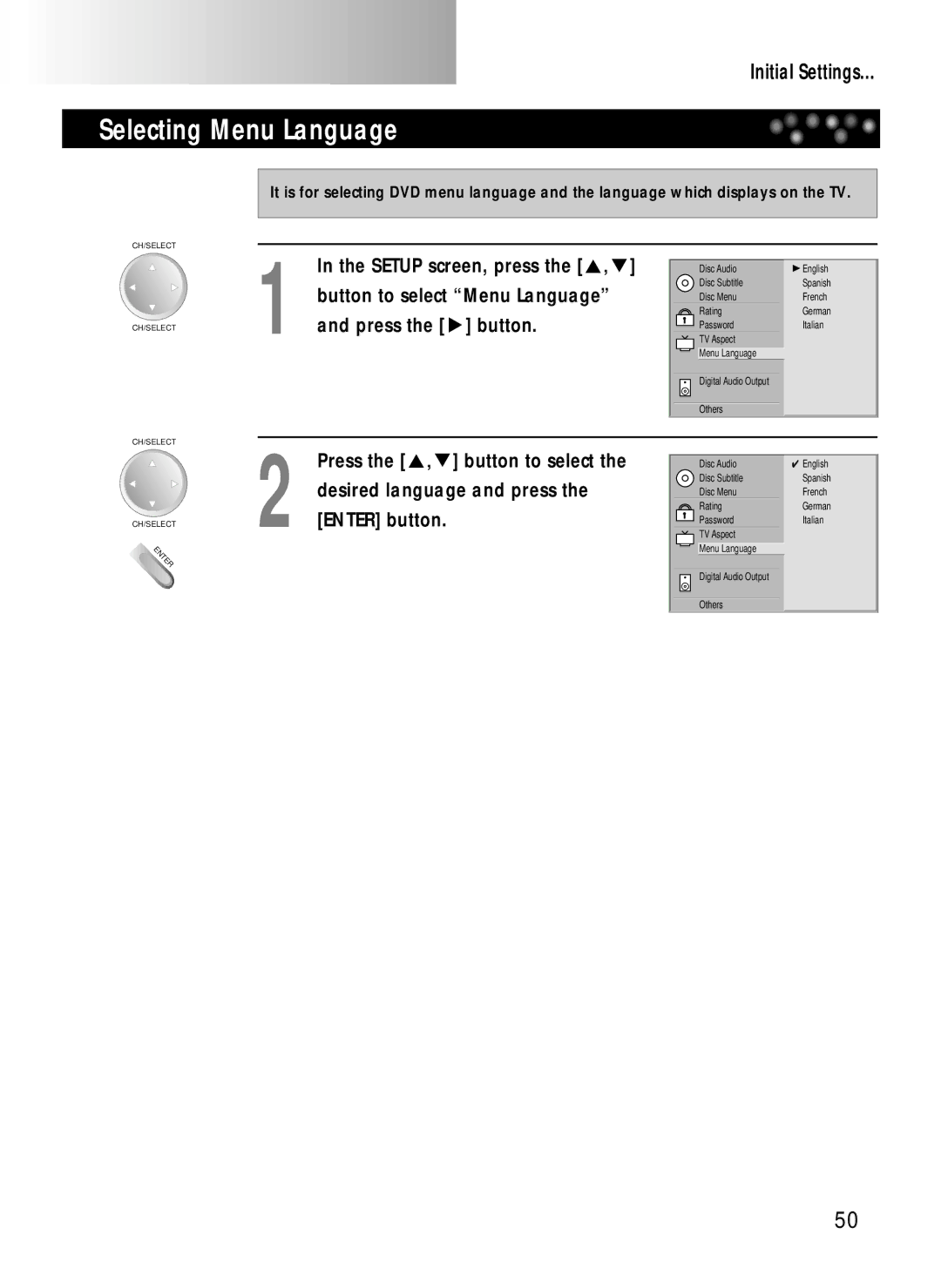 Daewoo DDQ-20L6SC owner manual Selecting Menu Language, Desired language and press, Enter button 