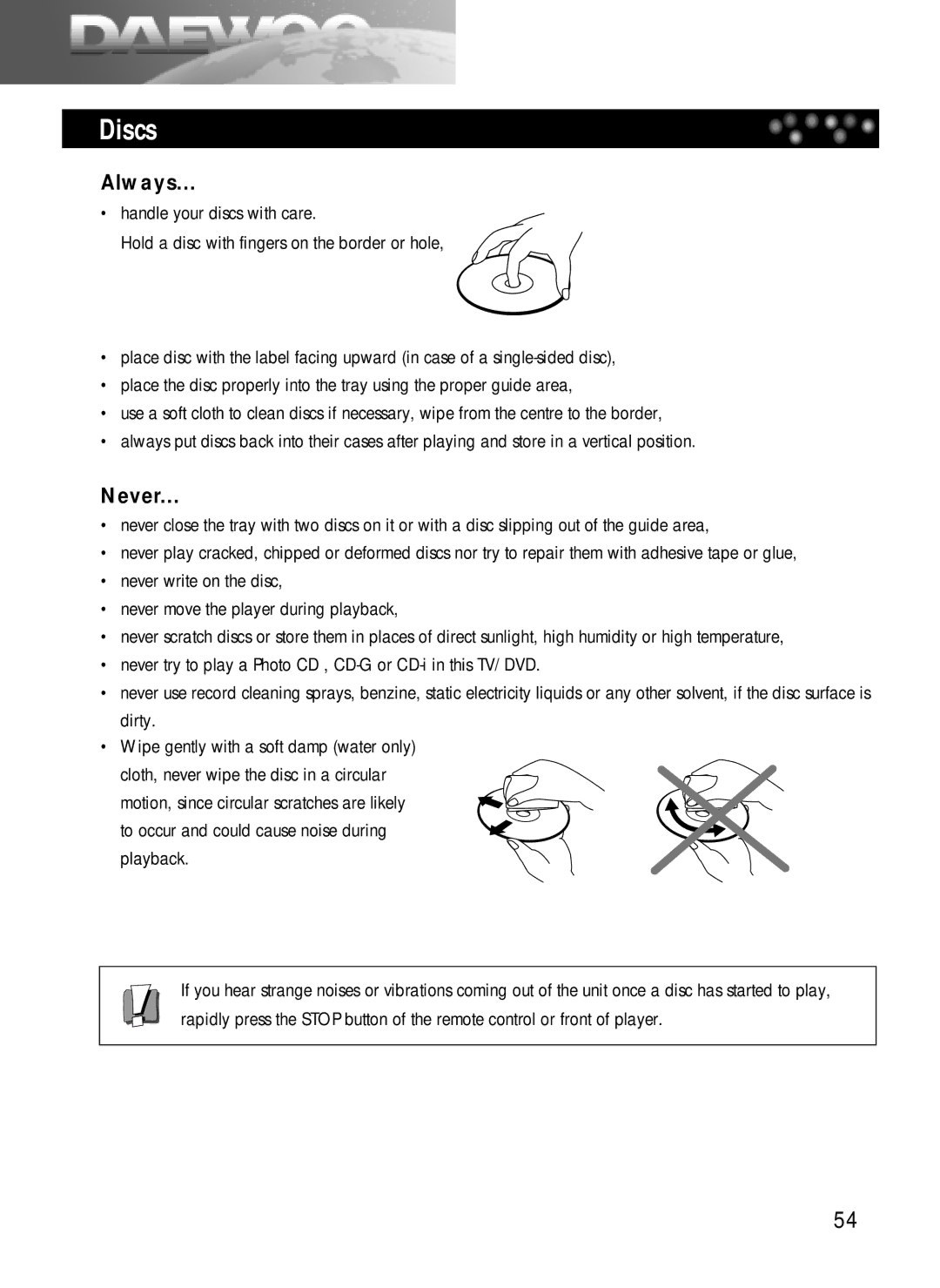 Daewoo DDQ-20L6SC owner manual Discs, Always, Never 