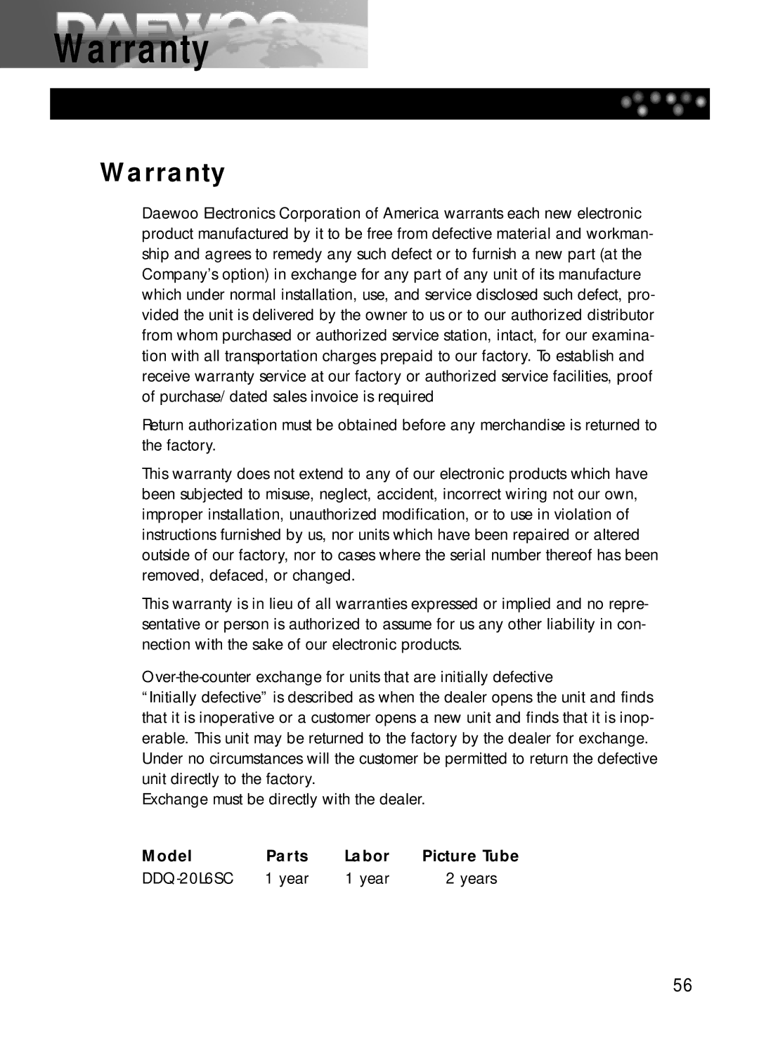 Daewoo DDQ-20L6SC owner manual Warranty, Model Parts Labor Picture Tube 