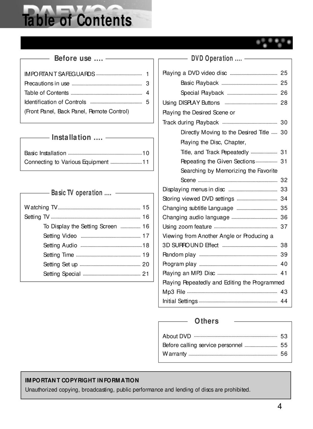 Daewoo DDQ-20L6SC owner manual Table of Contents 