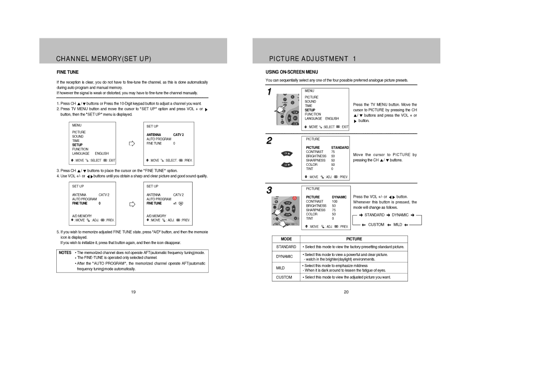 Daewoo DDQ-9H1SC owner manual Picture Adjustment, Fine Tune, Using ON-SCREEN Menu, Mode Picture 