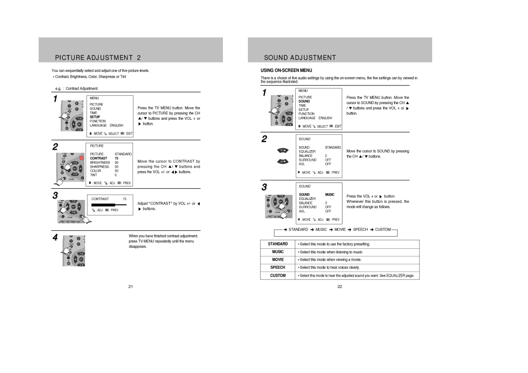 Daewoo DDQ-9H1SC owner manual Sound Adjustment, Standard Music Movie Speech 