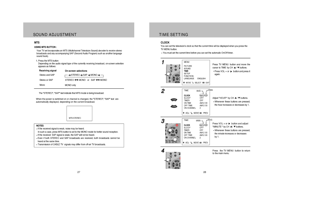 Daewoo DDQ-9H1SC owner manual Time Setting, Mts, Clock, Using MTS Button 