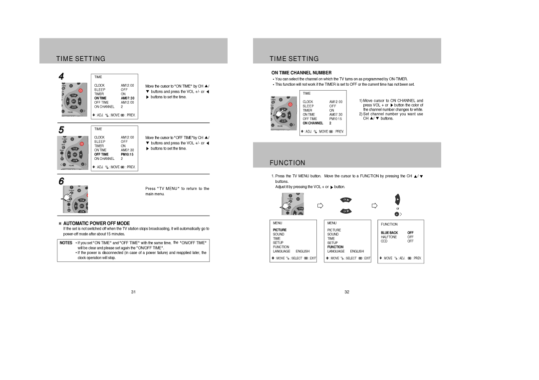 Daewoo DDQ-9H1SC owner manual Function, On Time Channel Number, Automatic Power OFF Mode 