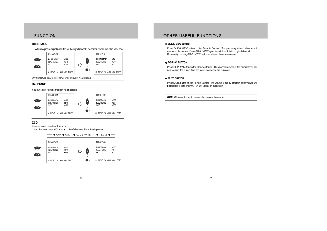 Daewoo DDQ-9H1SC owner manual Other Useful Functions, Blue Back, Halftone, Ccd 