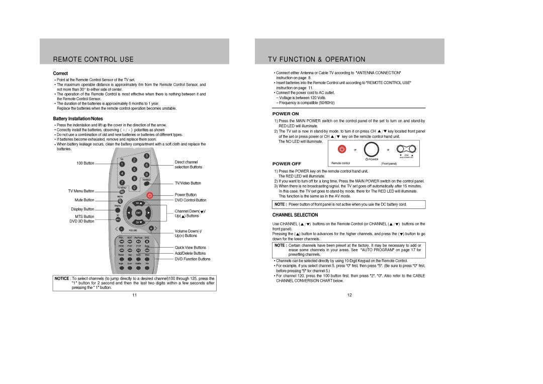 Daewoo DDQ-9H1SC owner manual Remote Control USE, TV Function & Operation, Channel Selection 