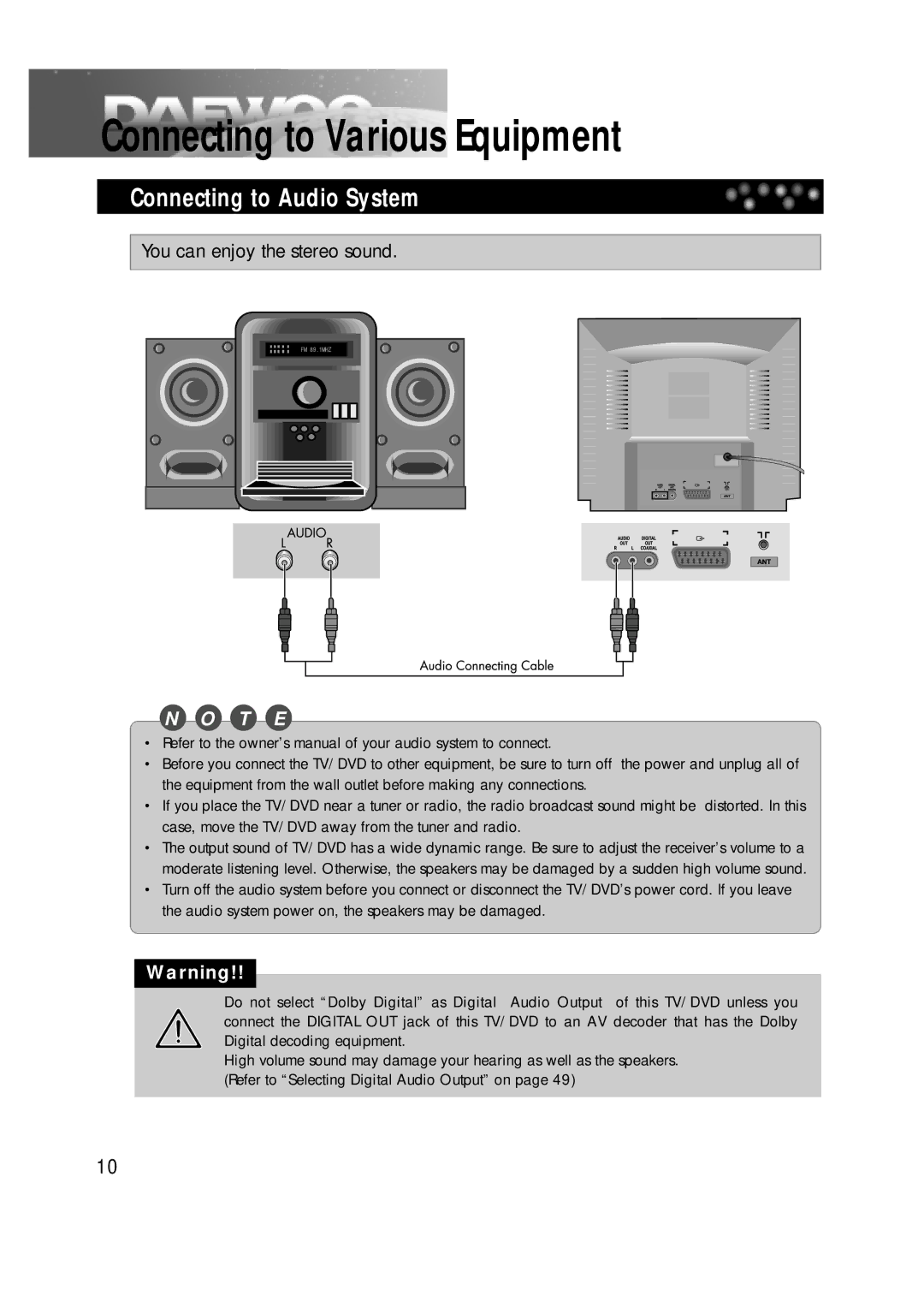 Daewoo DDT-14H9 S owner manual Connecting to Various Equipment, Connecting to Audio System 