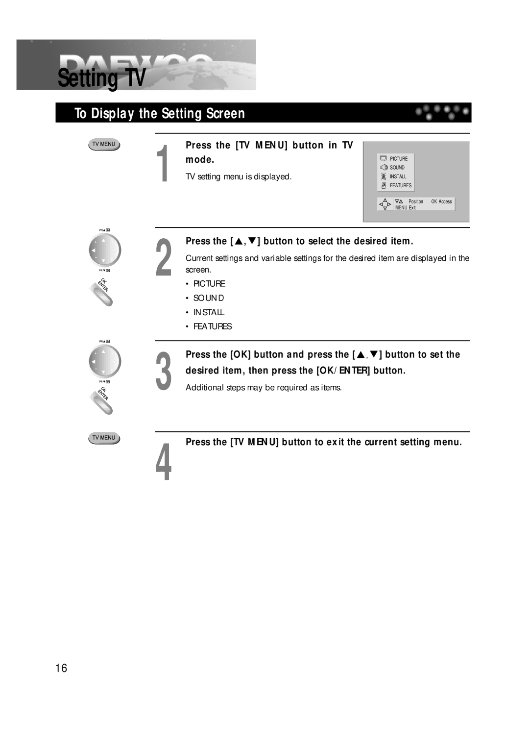 Daewoo DDT-14H9 S owner manual Setting TV, To Display the Setting Screen, Press the TV Menu button in TV mode 