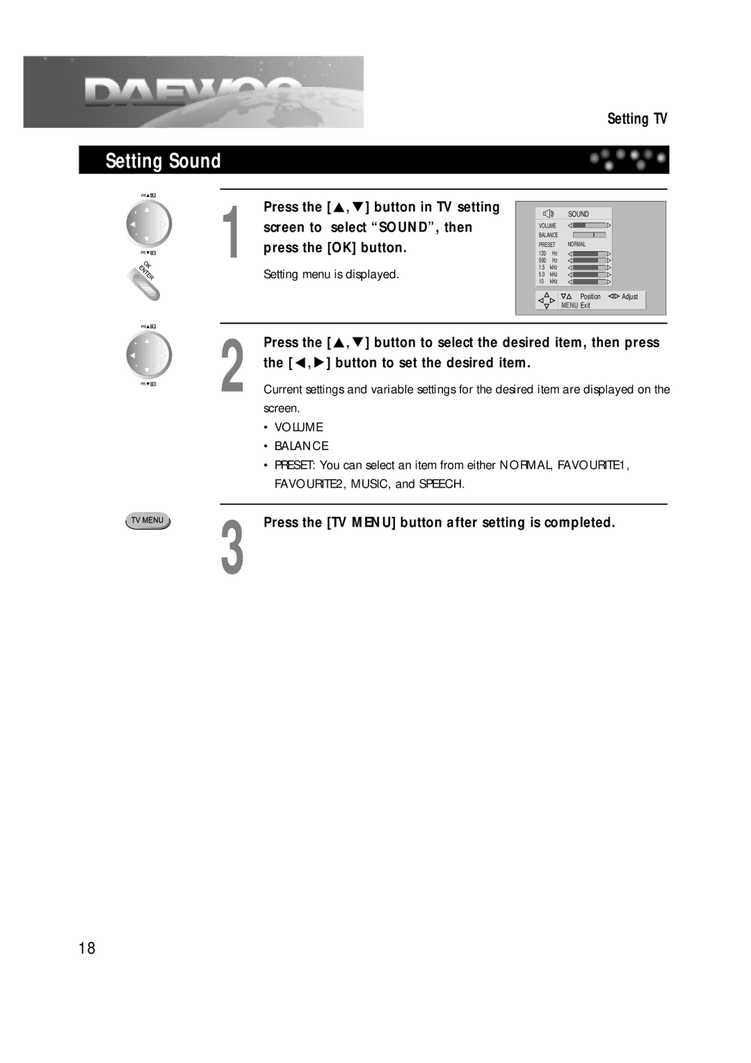 Daewoo DDT-14H9 S owner manual Setting Sound, Screen to select SOUND, then press the OK button, Button in TV setting 