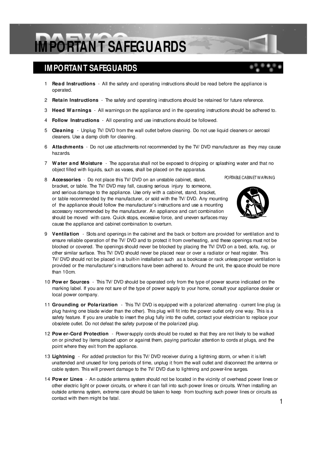 Daewoo DDT-14H9 S owner manual Important Safeguards 