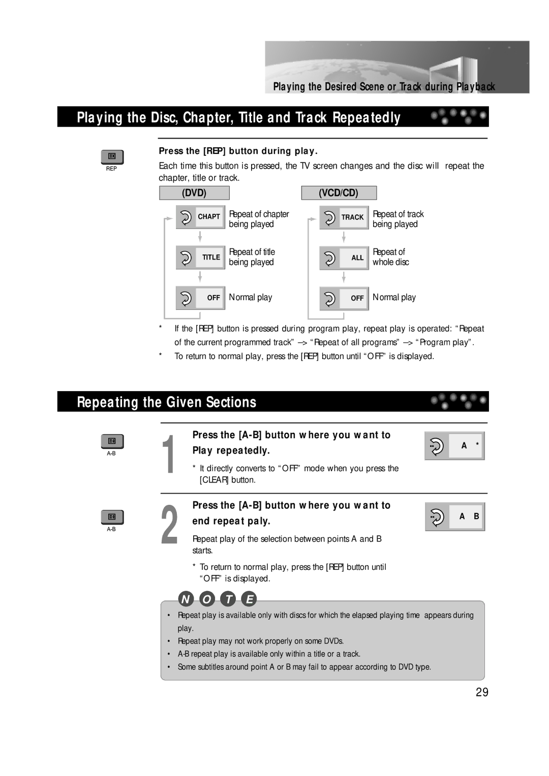 Daewoo DDT-14H9 S Playing the Disc, Chapter, Title and Track Repeatedly, Repeating the Given Sections, Play repeatedly 