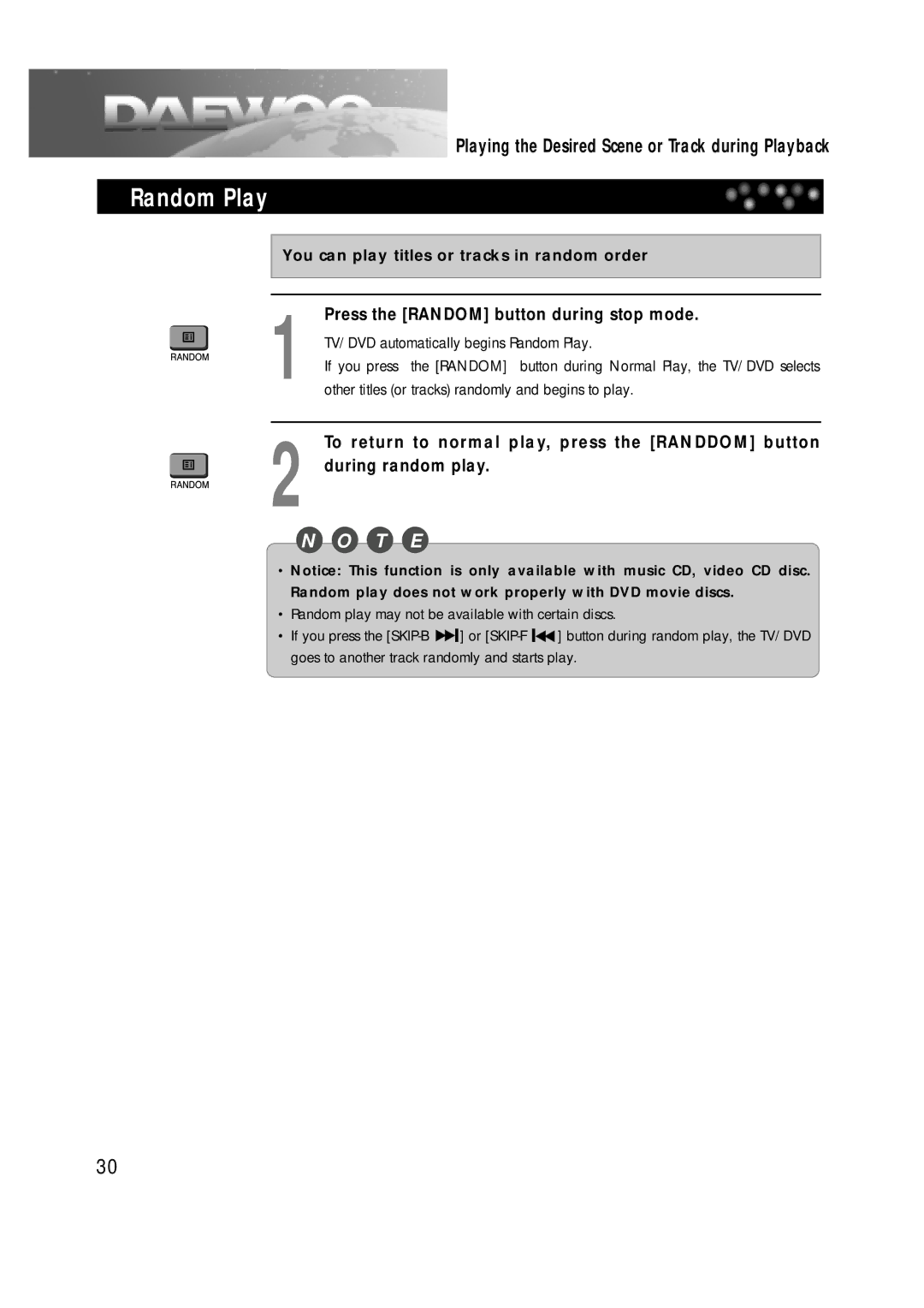 Daewoo DDT-14H9 S owner manual Random Play, You can play titles or tracks in random order 