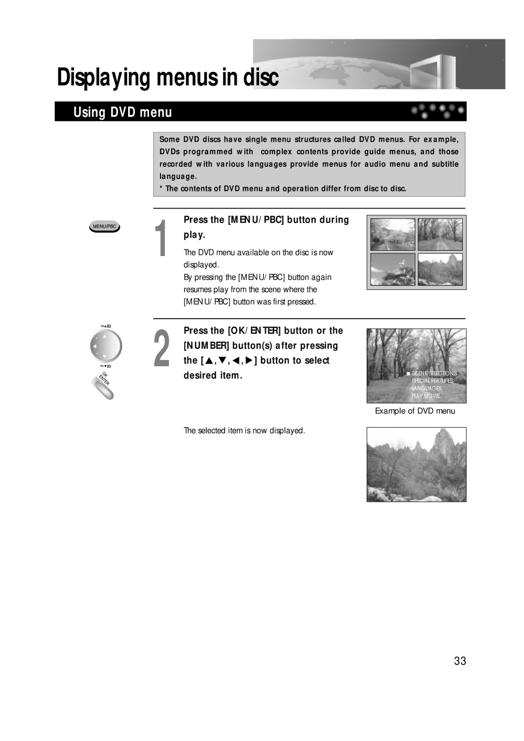 Daewoo DDT-14H9 S owner manual Displaying menus in disc, Using DVD menu, Press the MENU/PBC button during play 