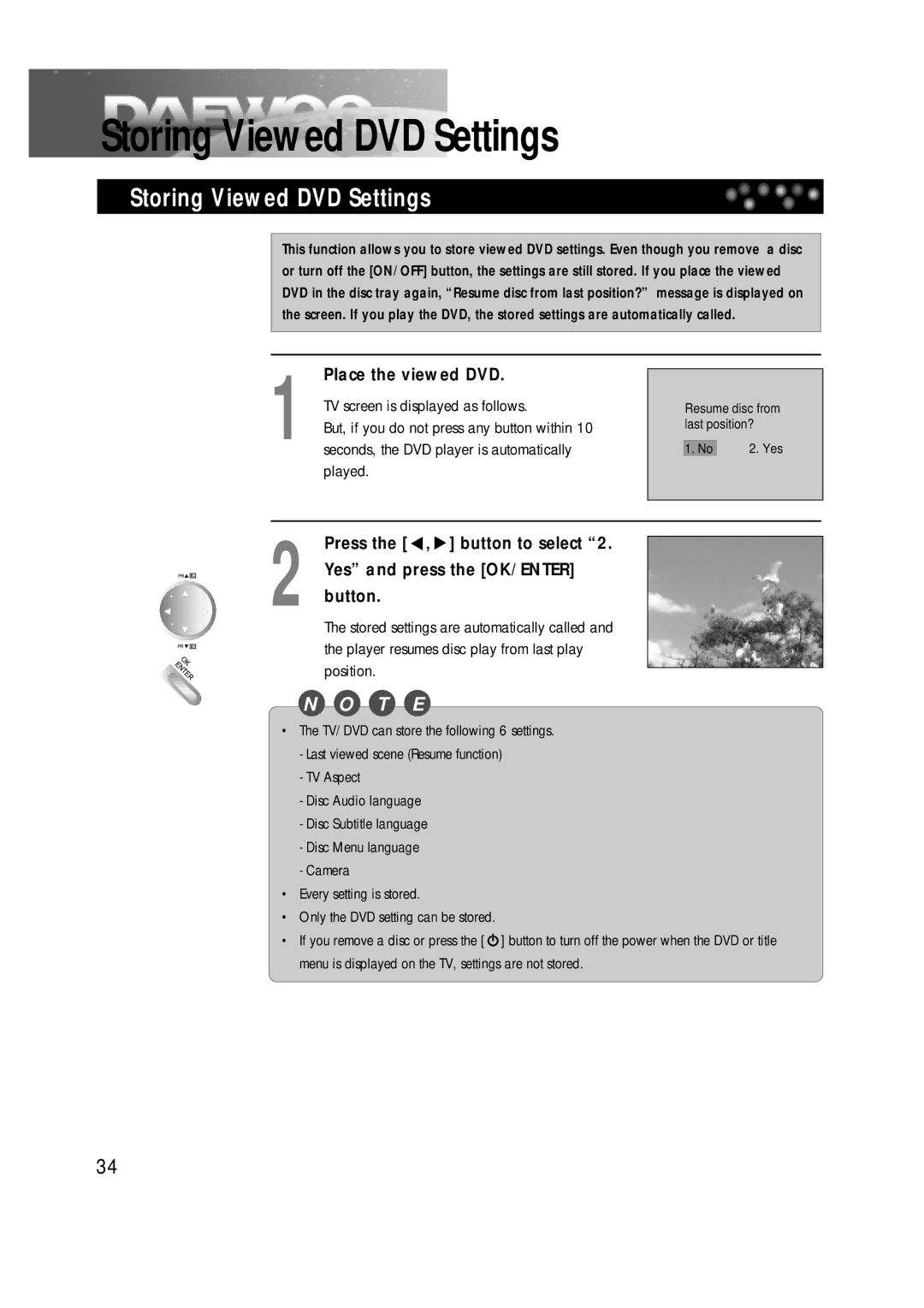 Daewoo DDT-14H9 S owner manual Storing Viewed DVD Settings, Yes and press the OK/ENTER button, Button to select 