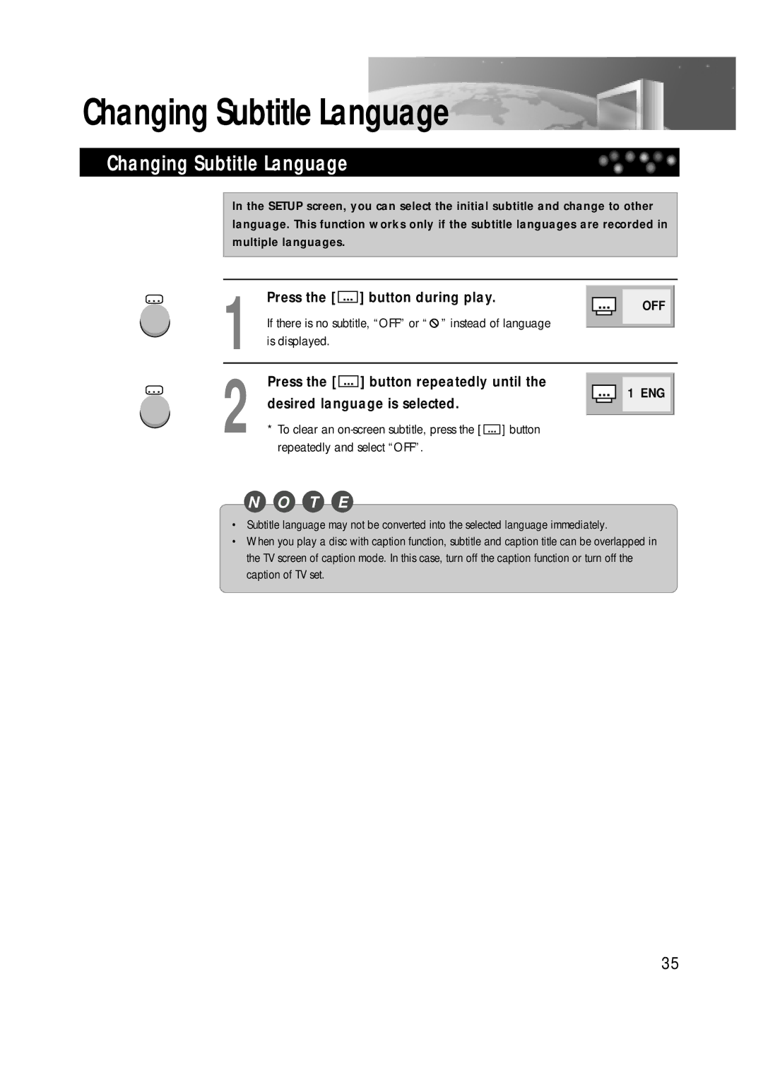 Daewoo DDT-14H9 S Changing Subtitle Language, Button during play, Button repeatedly until, Desired language is selected 