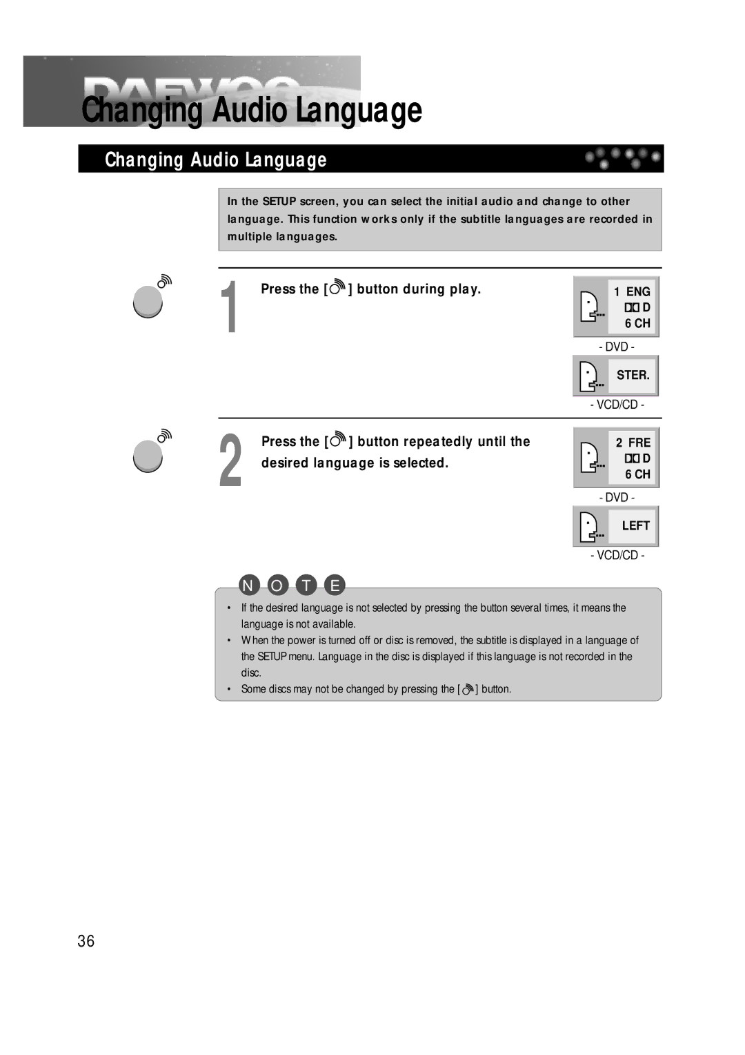 Daewoo DDT-14H9 S owner manual Changing Audio Language, Press the button during play, Dvd, FRE D 6 CH 