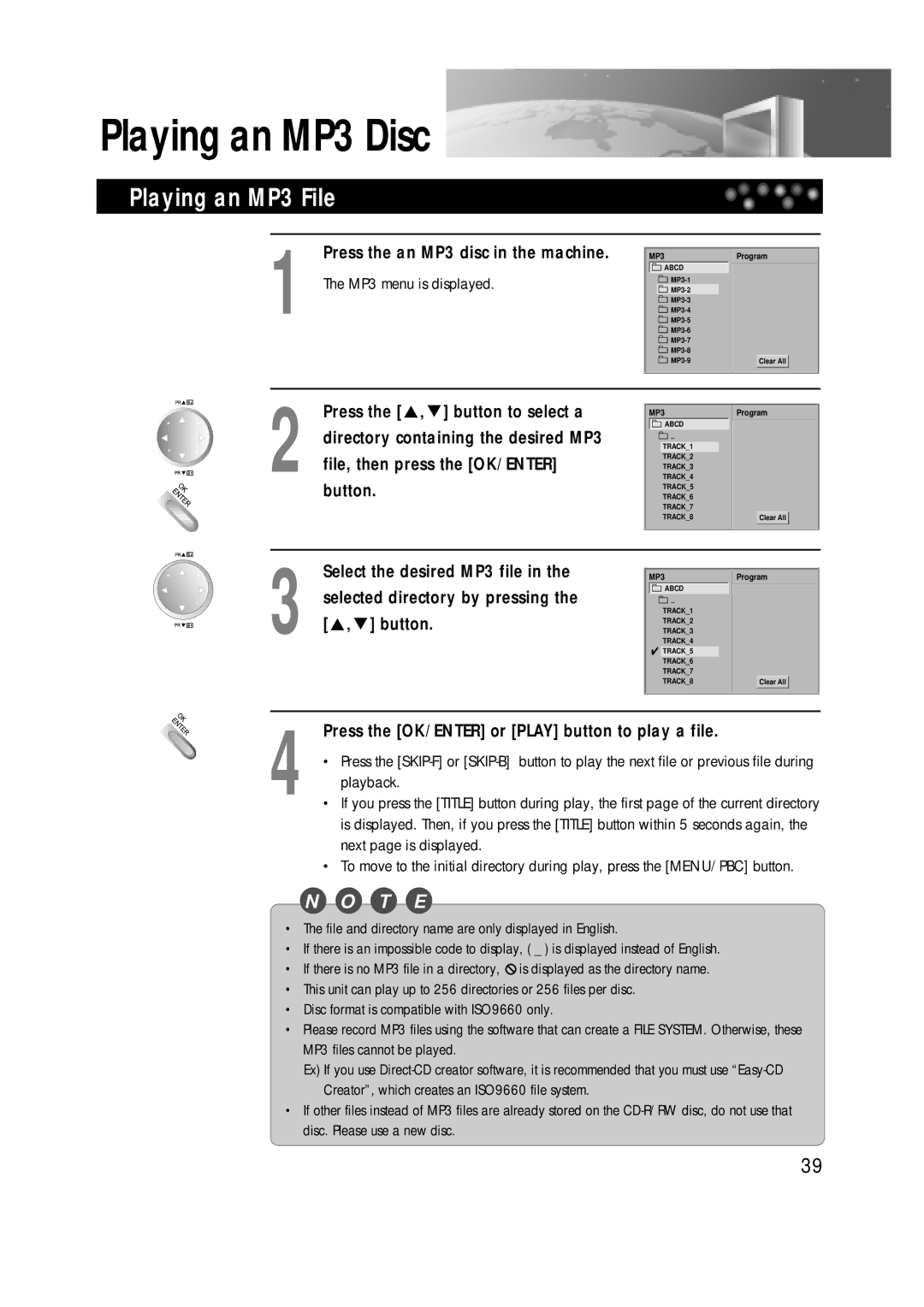 Daewoo DDT-14H9 S Playing an MP3 File, Press the OK/ENTER or Play button to play a file, Select the desired MP3 file 