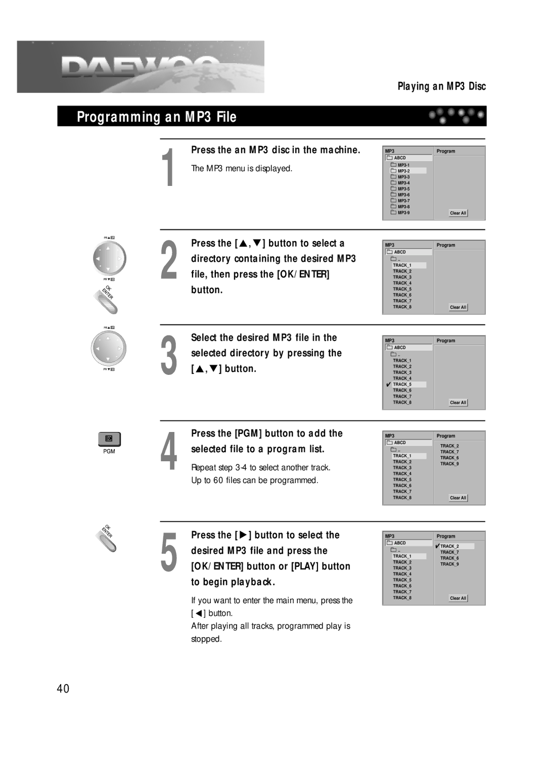 Daewoo DDT-14H9 S owner manual Programming an MP3 File, Up to 60 files can be programmed 