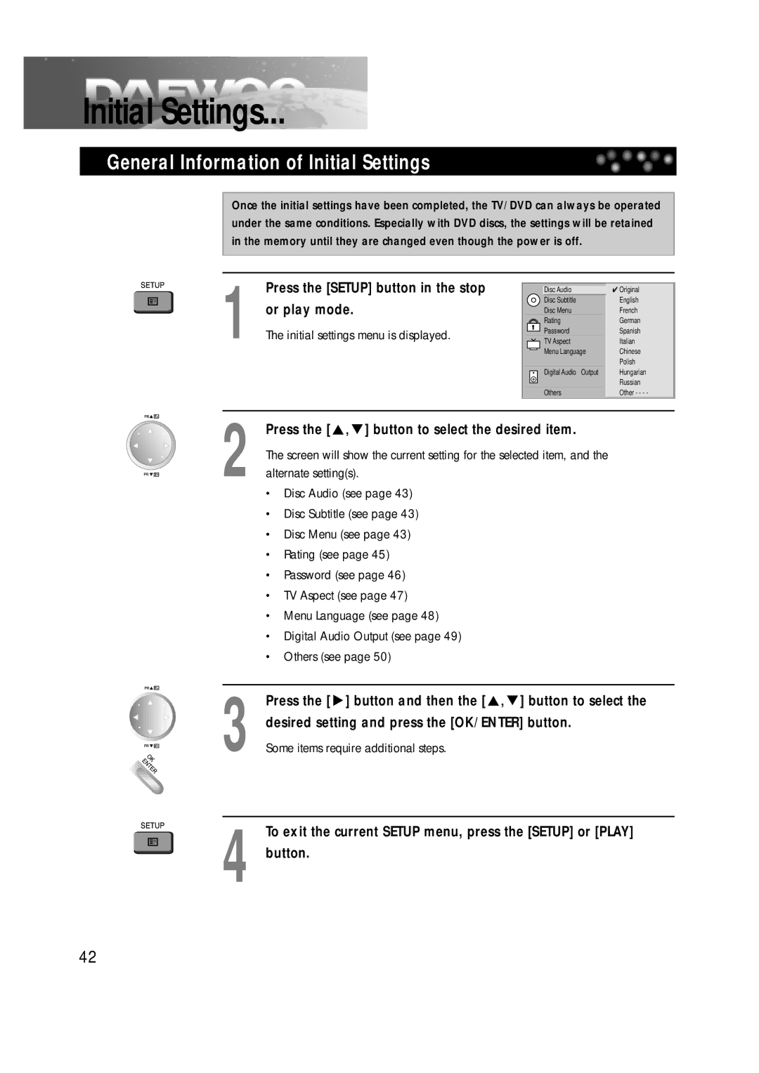 Daewoo DDT-14H9 S owner manual General Information of Initial Settings, Press the Setup button in the stop or play mode 