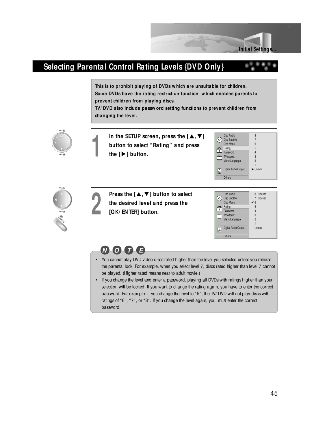 Daewoo DDT-14H9 S Selecting Parental Control Rating Levels DVD Only, Desired level and press the OK/ENTER button 