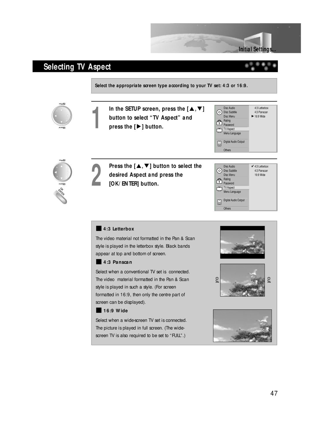 Daewoo DDT-14H9 S owner manual Selecting TV Aspect, Desired Aspect and press the OK/ENTER button 