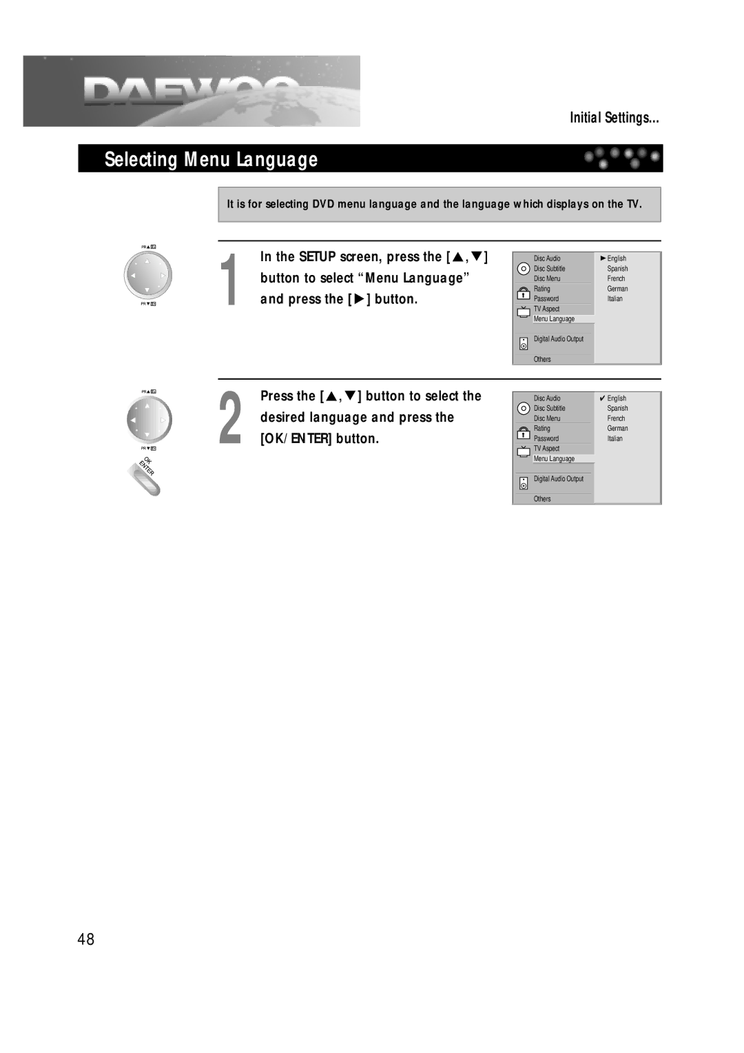 Daewoo DDT-14H9 S owner manual Selecting Menu Language, Desired language and press the OK/ENTER button 