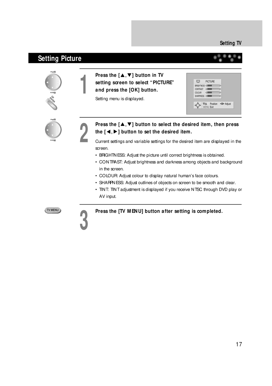 Daewoo DDT-21H9 S Setting Picture, Press the TV Menu button after setting is completed, Setting menu is displayed 