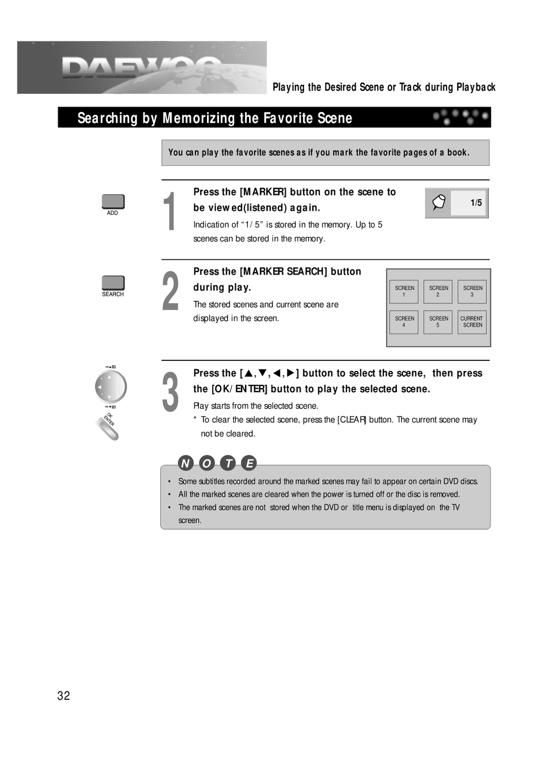 Daewoo DDT-21H9 S owner manual Searching by Memorizing the Favorite Scene, Press the Marker Search button during play 