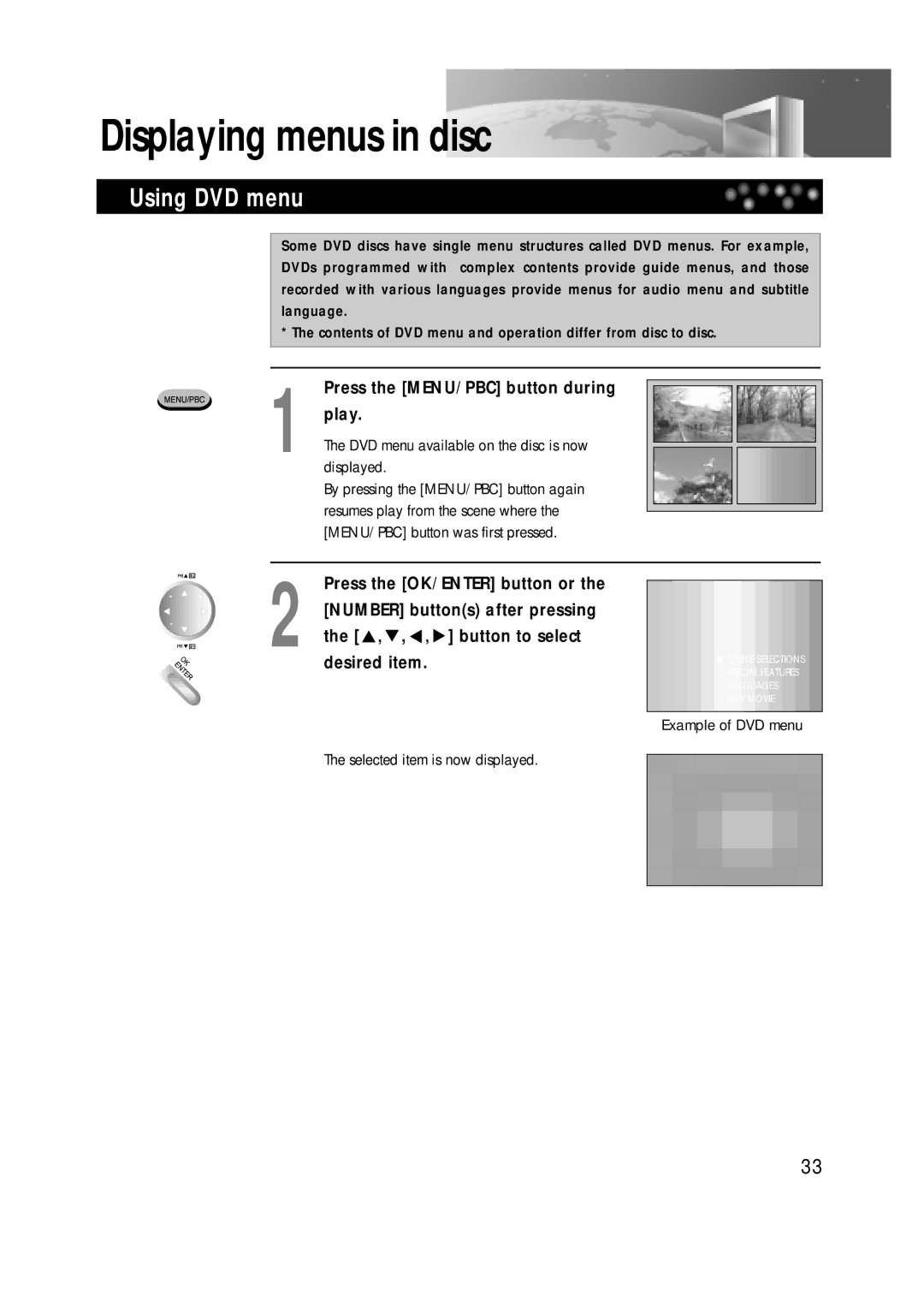 Daewoo DDT-21H9 S owner manual Displaying menus in disc, Using DVD menu, Press the MENU/PBC button during play 