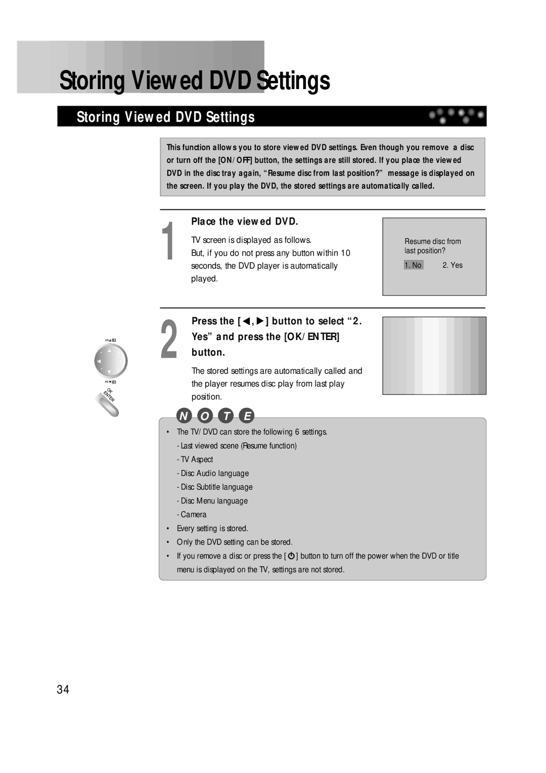 Daewoo DDT-21H9 S owner manual Storing Viewed DVD Settings, Yes and press the OK/ENTER button, Button to select 