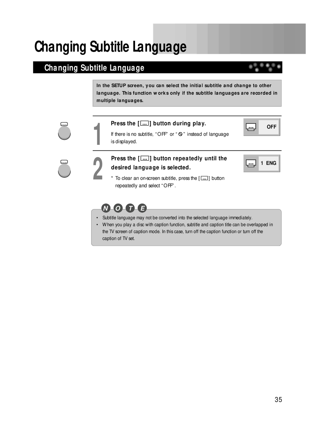 Daewoo DDT-21H9 S Changing Subtitle Language, Button during play, Button repeatedly until, Desired language is selected 