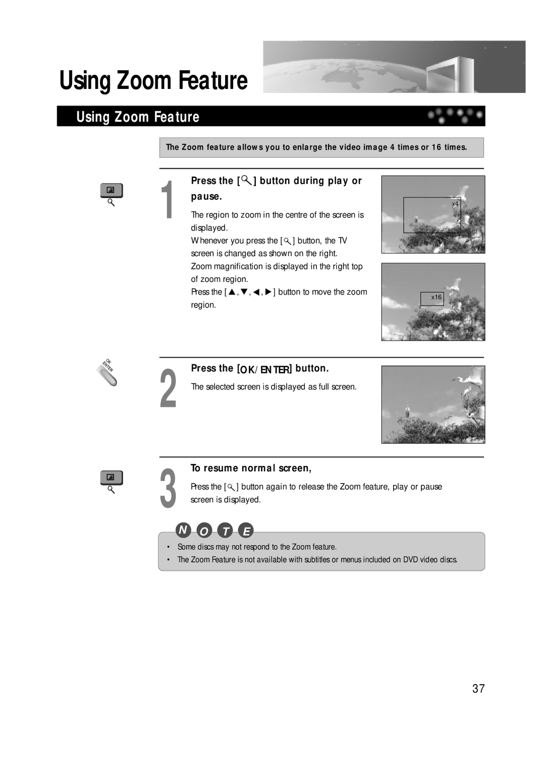 Daewoo DDT-21H9 S owner manual Using Zoom Feature, Press the button during play or pause, Press the OK/ENTER button 