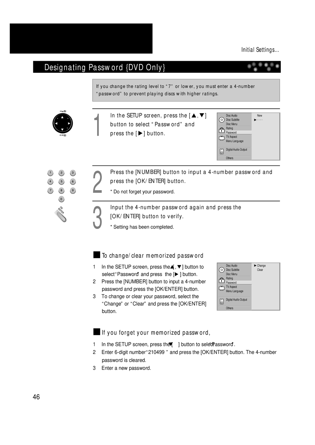 Daewoo DDT-21H9 S Designating Password DVD Only, Button to select Password and press the button, OK/ENTER button to verify 