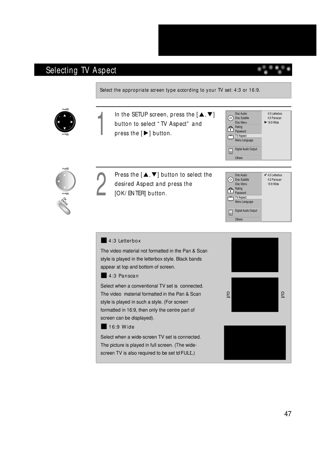 Daewoo DDT-21H9 S owner manual Selecting TV Aspect, Desired Aspect and press the OK/ENTER button 