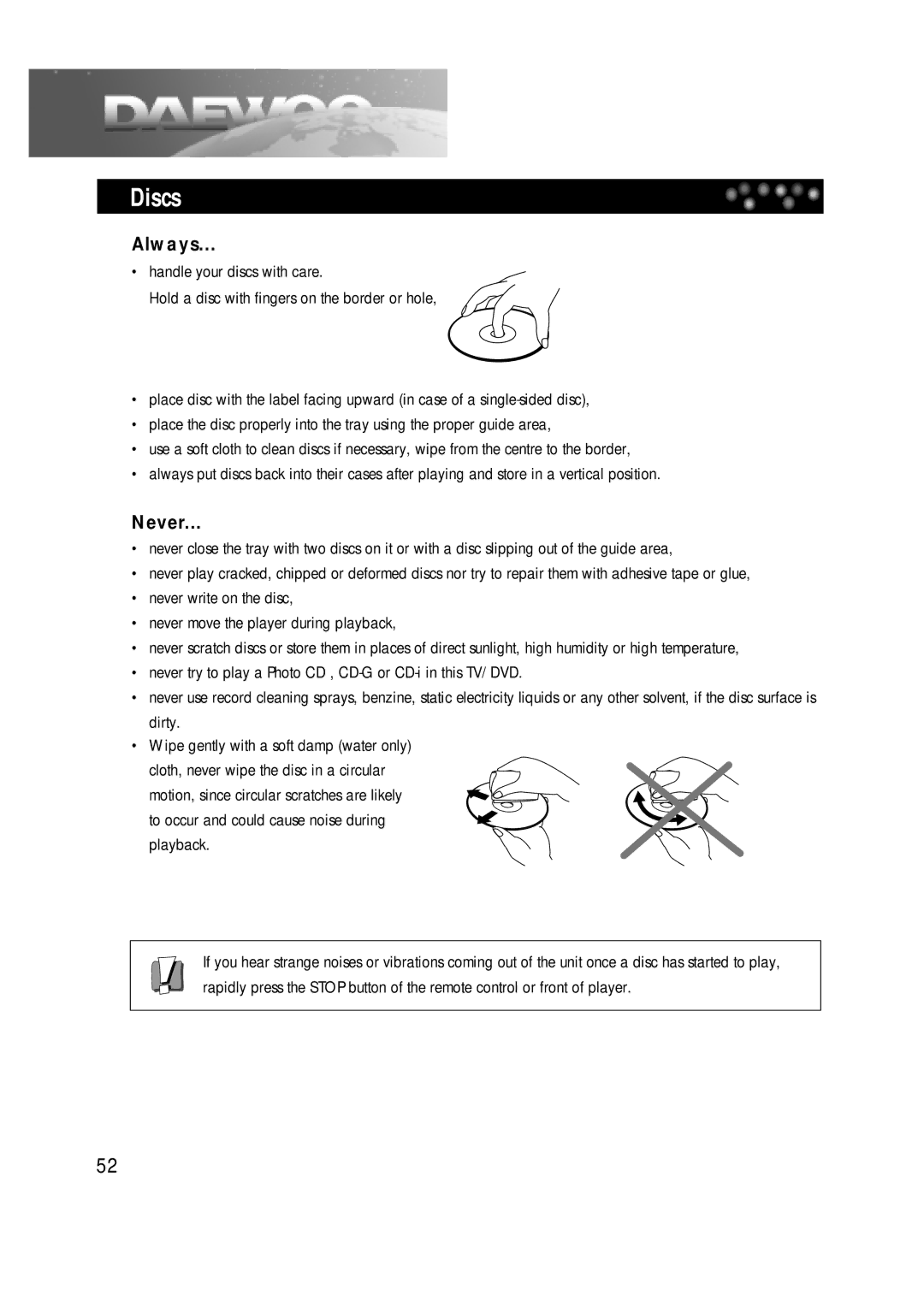 Daewoo DDT-21H9 S owner manual Discs, Always 