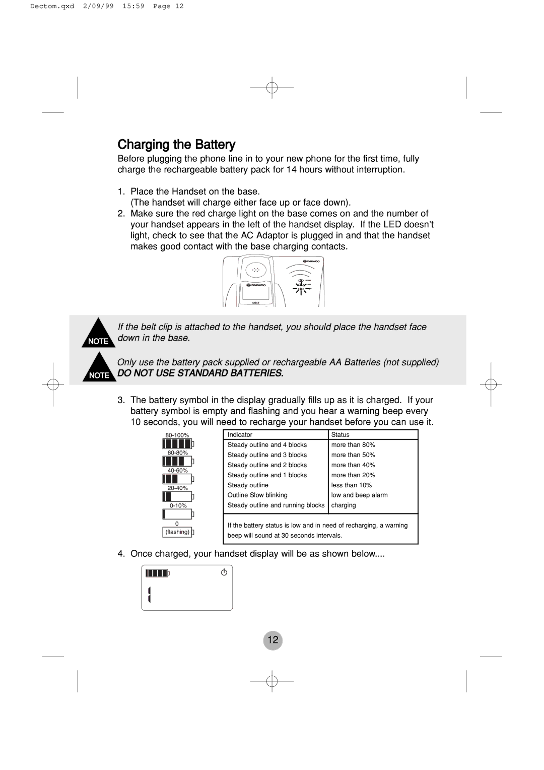 Daewoo DECT 1900 manual Charging the Battery, Do not USE Standard Batteries 