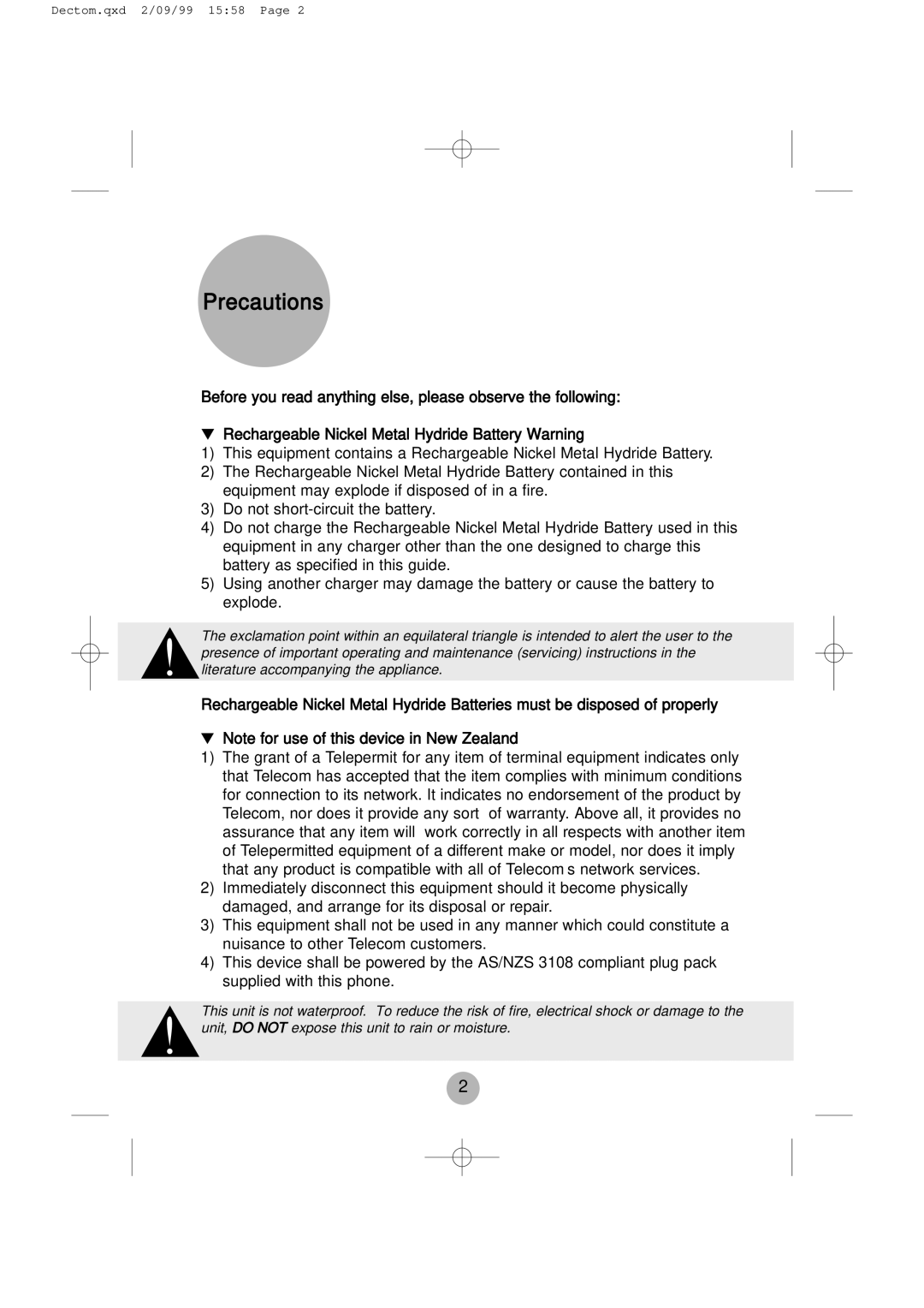 Daewoo DECT 1900 manual Precautions 