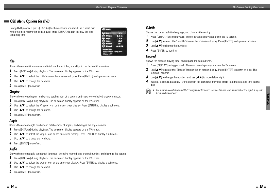 Daewoo DF-8150P Use …† to change the numbers Press Enter to confirm, OSD Menu Options for DVD, Function does not work 