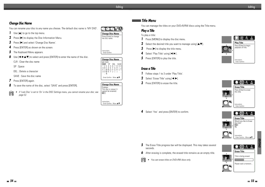 Daewoo DF-4150P Title Menu, You can erase titles on DVD+RW discs only, Change Disc Name, Play a Title, Erase a Title 