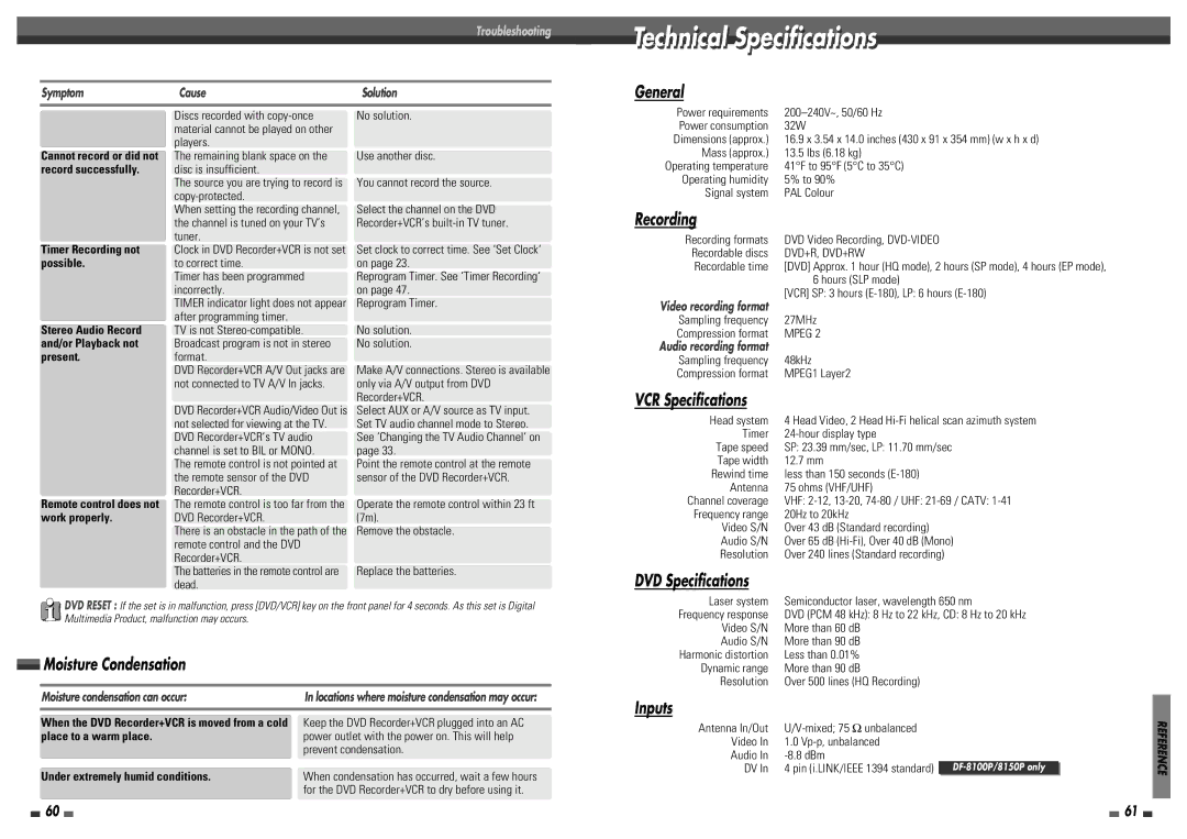 Daewoo DF-4100P, DF-4150P, DF-8100P, DF-8150P user manual Technicali l Specificationsi i ions 