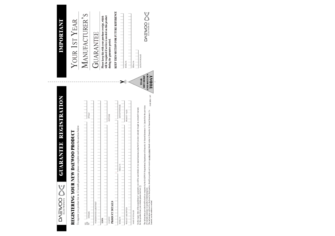 Daewoo DF-8100P, DF-4100P, DF-4150P, DF-8150P user manual Your 1ST Year MANUFACTURER’S Guarantee 