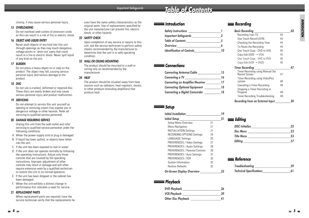 Daewoo DF-4100P, DF-4150P, DF-8100P, DF-8150P user manual Table of Contents 