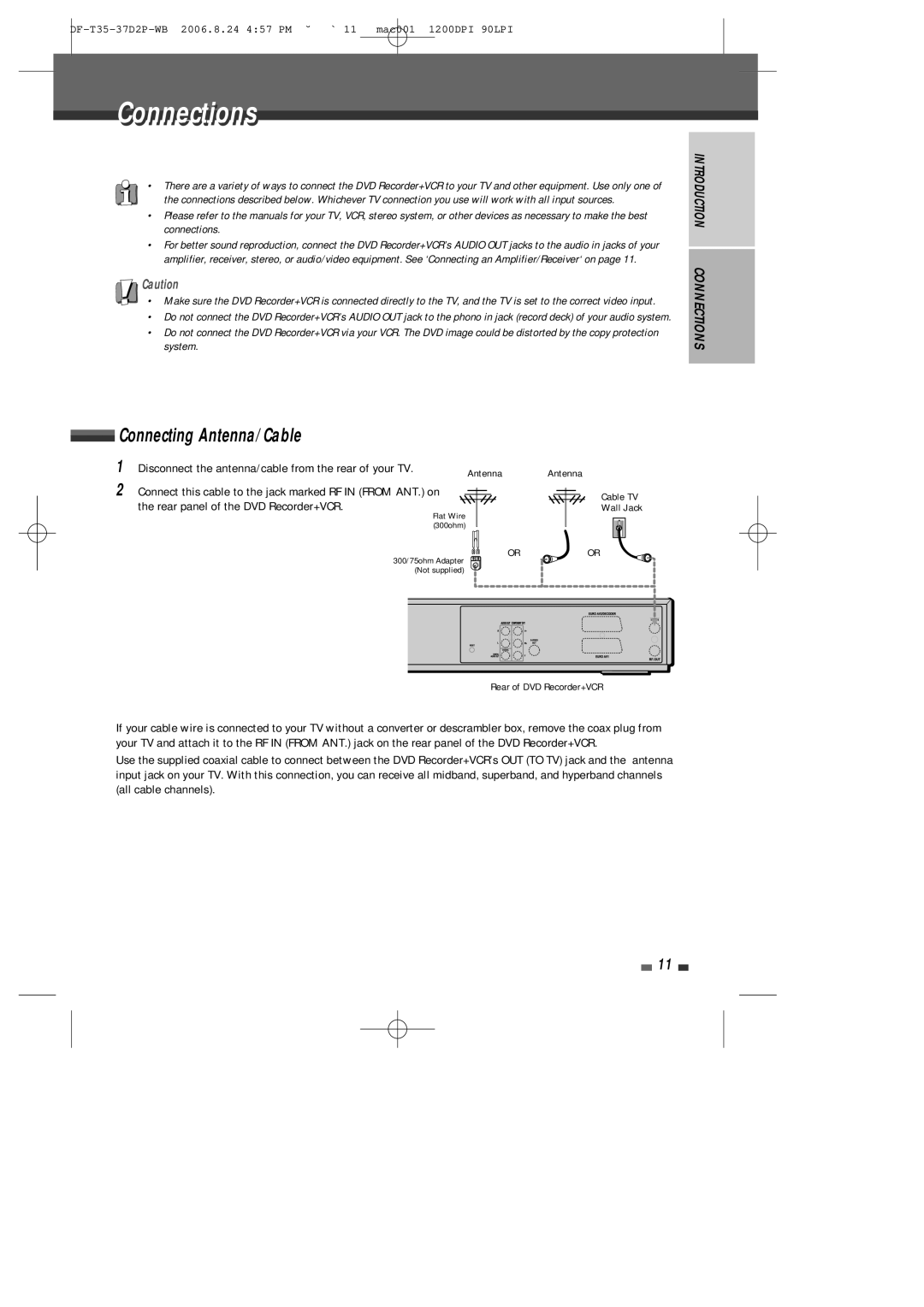 Daewoo DF-4500P/4700P Connectionsti, Connecting Antenna/Cable, Disconnect the antenna/cable from the rear of your TV 