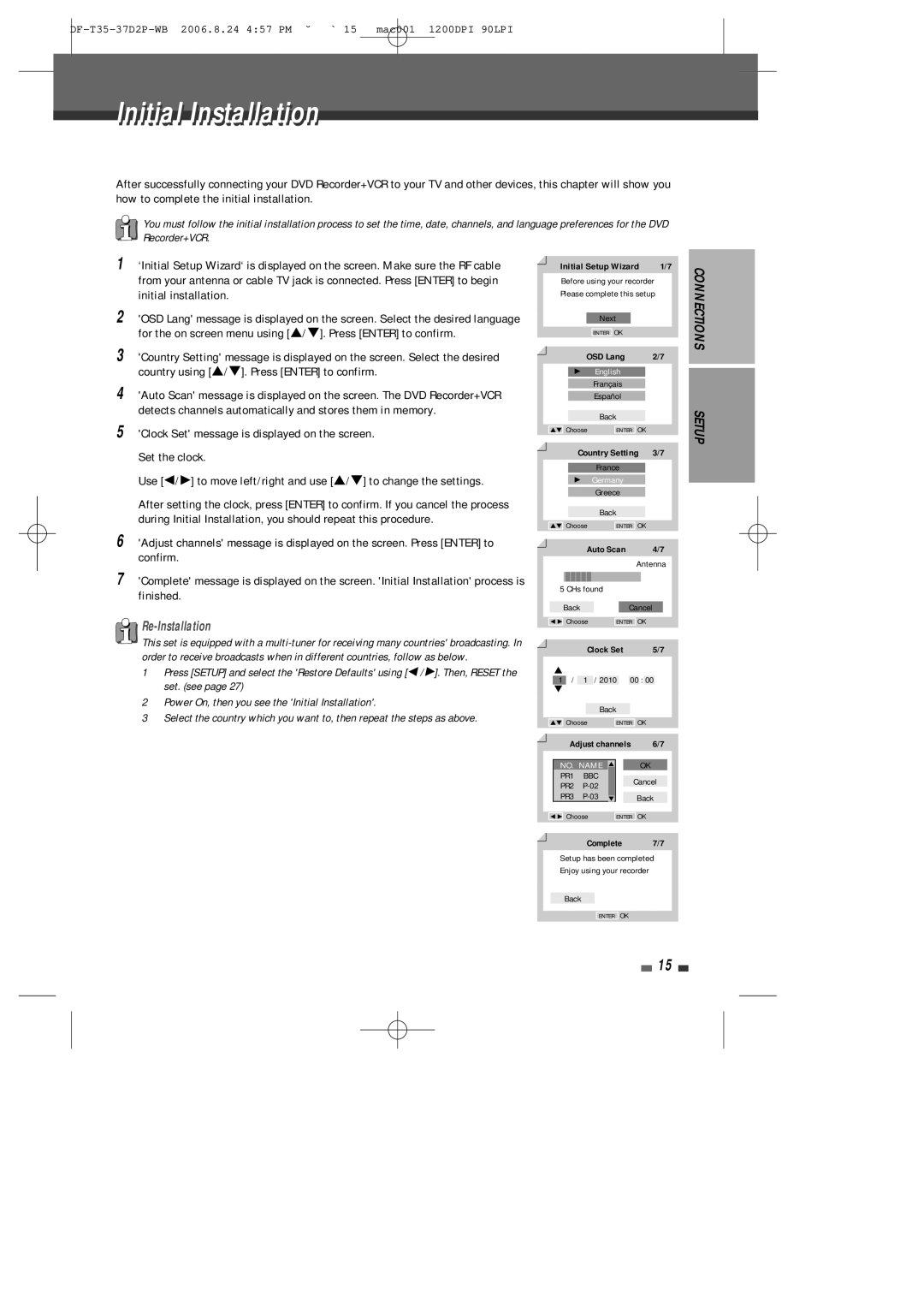 Daewoo DF-4500P/4700P user manual Initial Installation, Re-Installation 