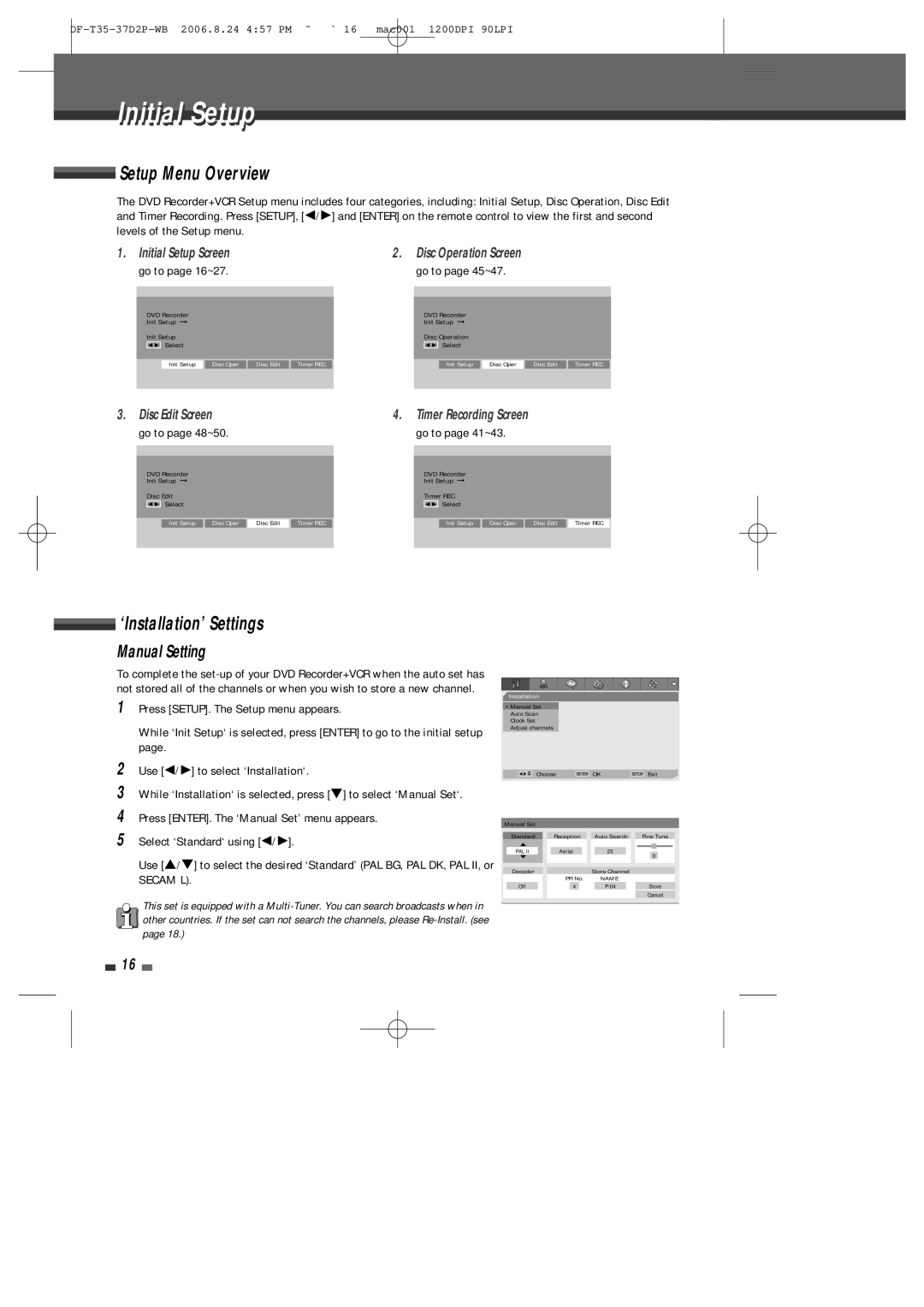 Daewoo DF-4500P/4700P Initial Setup, Setup Menu Overview, ‘Installation’ Settings, Manual Setting, Disc Edit Screen 