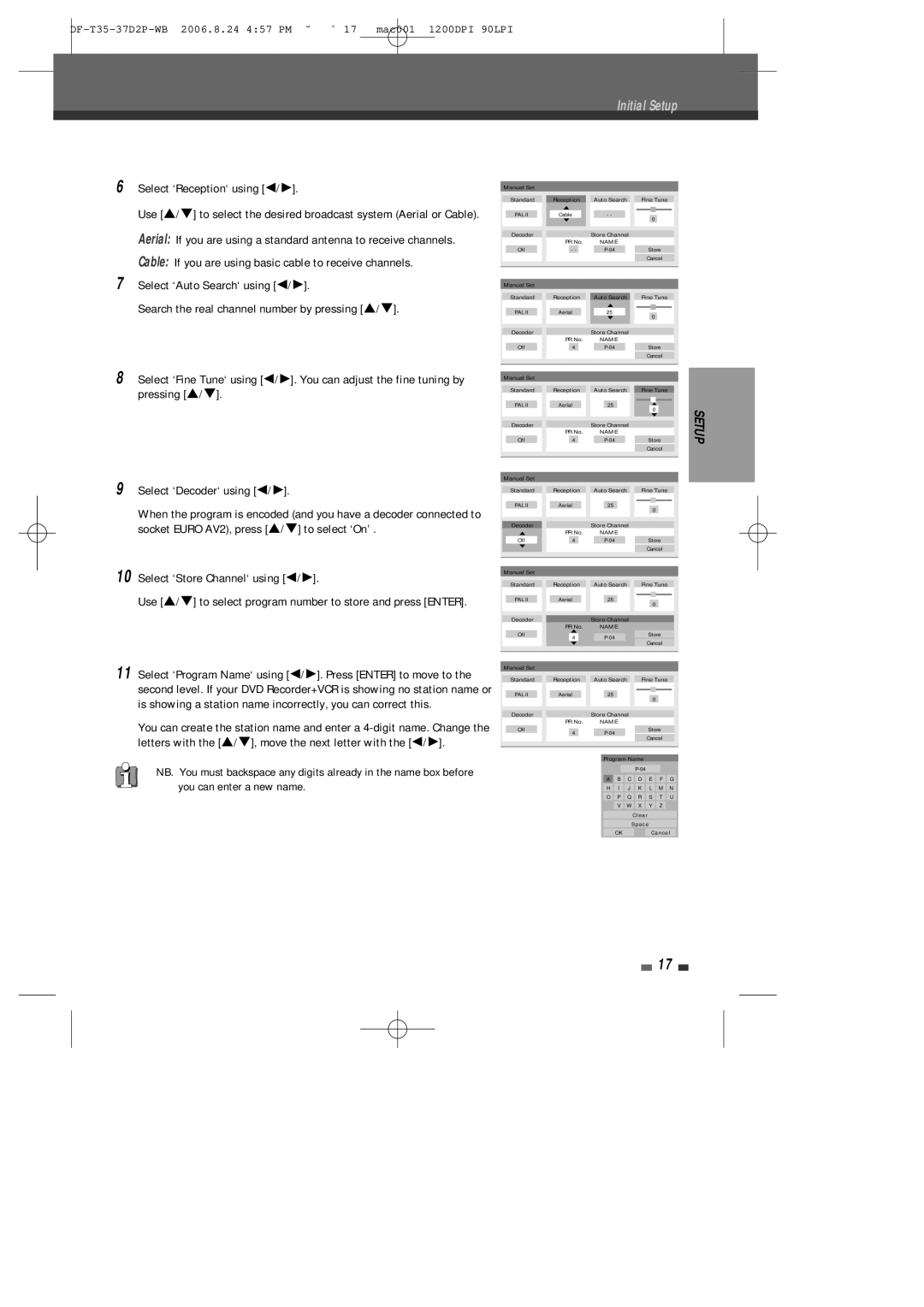 Daewoo DF-4500P/4700P user manual Initial Setup, Select ‘Reception‘ using œ/√ 